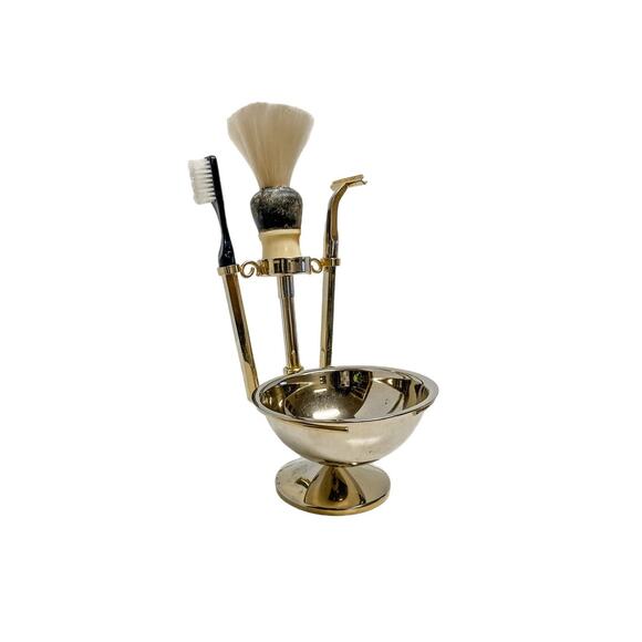 Vintage Brass Shaving Stand Bowl Set With Razor and Brush - Picture 4 of 10